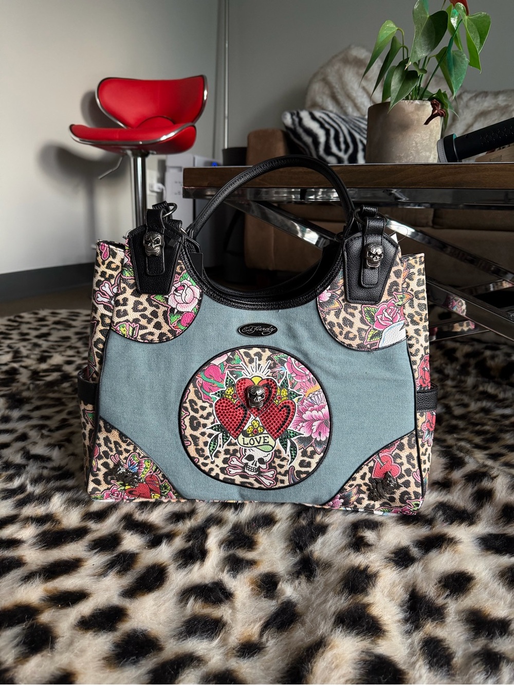 Ed Hardy Blue Canvas Tote with Pink Floral & Leopard Accents